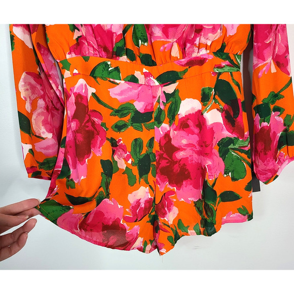 LULU'S Sweetest Song Orange Floral Backless Long Sleeve Romper Medium Summer NEW - Picture 7 of 15